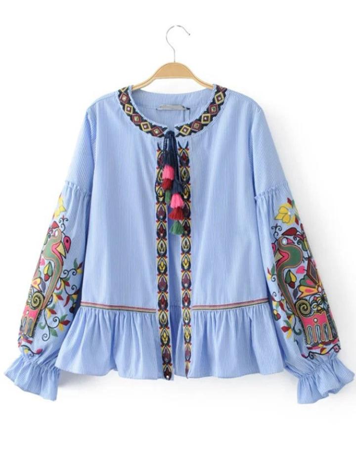 Shein Drop Shoulder Tassel Tie Ruffle Hem Blouse