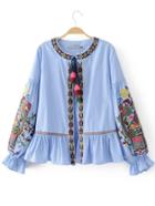 Shein Drop Shoulder Tassel Tie Ruffle Hem Blouse