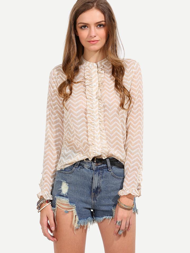 Shein Nude Ruffle Button Long Sleeve Blouse