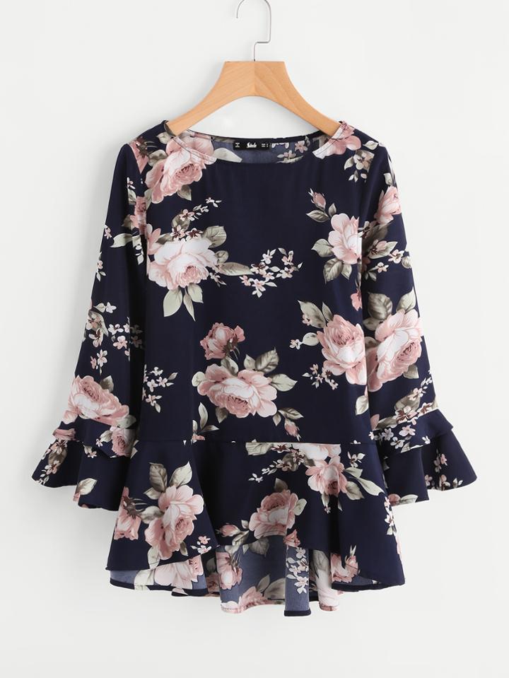 Shein Fluted Sleeve Ruffle Dip Hem Blouse