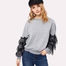Shein Tiered Lace Trim Marled Pullover