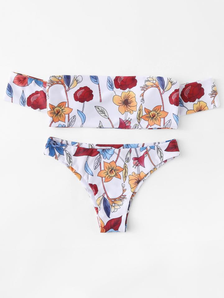 Shein Flower Print Off The Shoulder Bikini Set