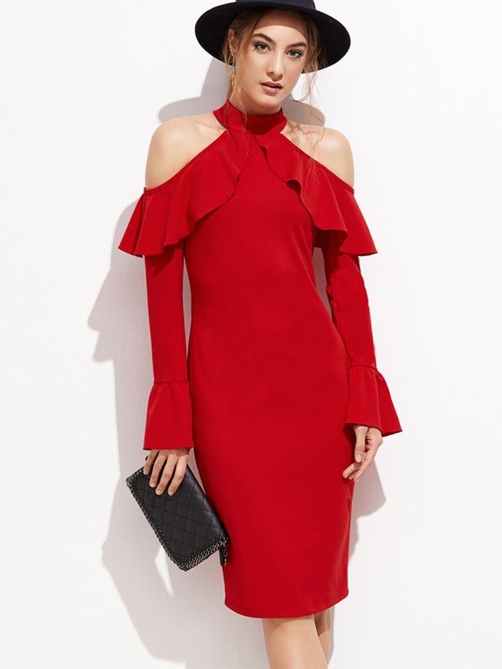 Shein Red Open Shoulder Zipper Back Ruffle Sheath Dress