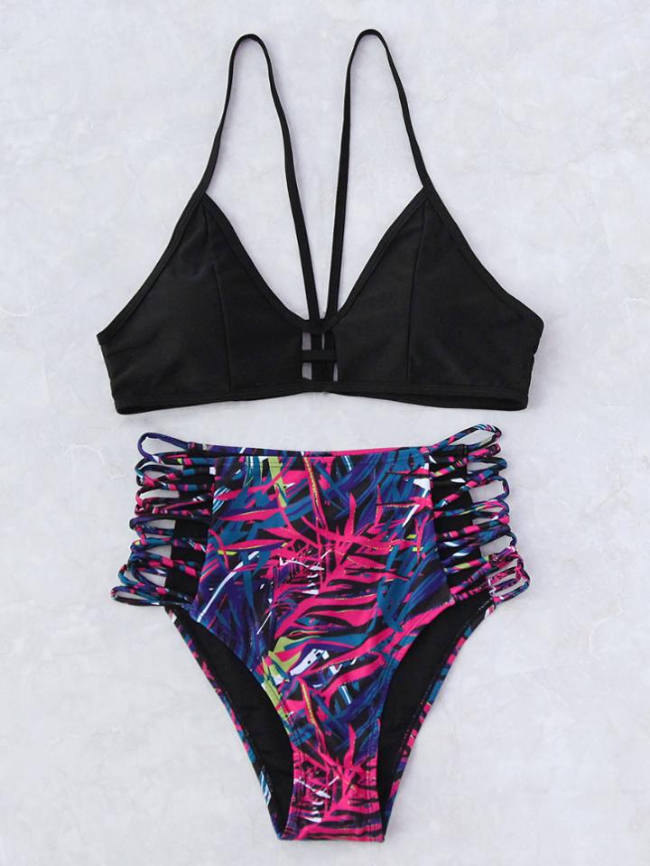 Shein Push Up Top With High Waist Strappy Print Bottom