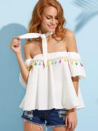 Shein Bardot Tassel Trim Frill Top With Scarf
