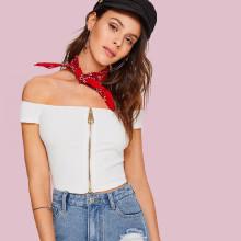 Shein Zipper Up Front Crop Bardot Tee