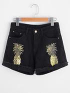 Shein Pineapple Print Cuffed Raw Hem Denim Shorts