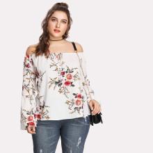 Shein Plus Trumpet Sleeve Tie Front Floral Bardot Top