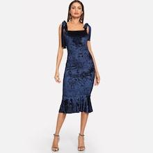 Shein Self Tie Shoulder Ruffle Hem Velvet Dress