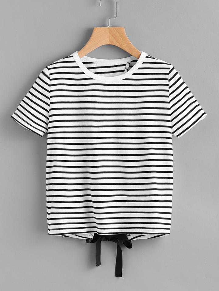 Shein Bow Tie Overlap Back Striped Tee