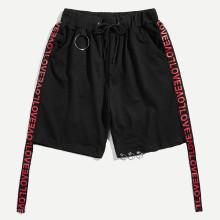 Shein Men Tape Detail Letter Print Drawstring Shorts
