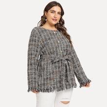 Shein Plus Frayed Trim Tie Waist Tweed Coat