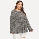 Shein Plus Frayed Trim Tie Waist Tweed Coat
