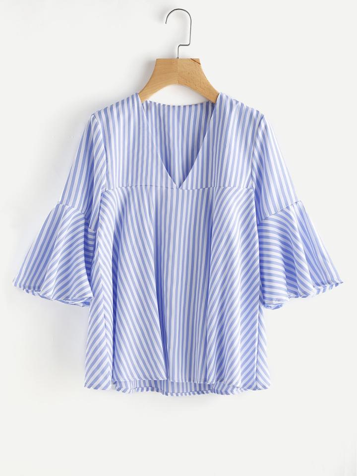 Shein Contrast Striped V Neckline Flute Sleeve Blouse