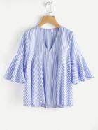 Shein Contrast Striped V Neckline Flute Sleeve Blouse