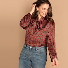Shein Plus Graphic Print Tie Neck Blouse