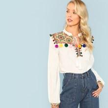 Shein Tie Neck Pom Pom Detail Top