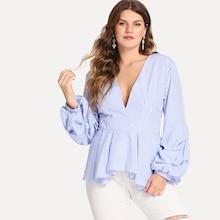 Shein Plus Gathered Sleeve Pinstripe Peplum Blouse