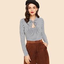 Shein Open Front Knot Striped Tee