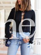 Shein Black Lace Up Neck Bell Sleeve Blouse