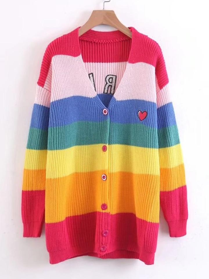 Shein Block Striped Heart Patch Sweater Coat