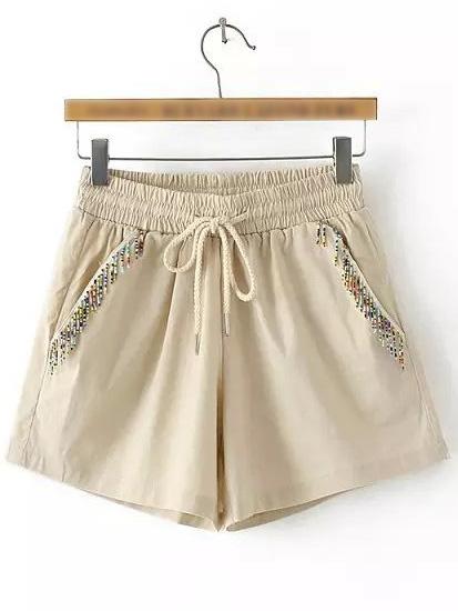 Shein Coffee Pockets Beaded Elastic Tie-waist Shorts