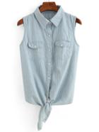 Shein Vertical Striped Tie-front Sleeveless Blouse - Light Blue