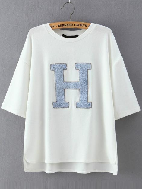 Shein White Round Neck H Pattern Loose T-shirt
