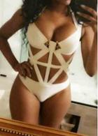 Rosewe White Hollow Design One Piece Swimsuit