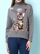 Shein Grey High Neck Cats Applique Pouf Embroidered Sweatshirt