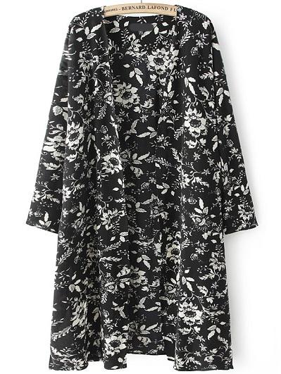 Shein Black Whitelong Sleeve Floral Cardigan