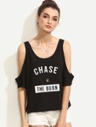 Shein Black Cold Shoulder Letter Printed T-shirt