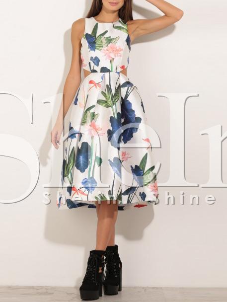 Shein Beige Sleeveless Floral Pouf Dress