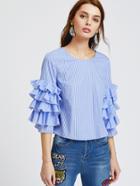 Shein Blue Striped Layered Ruffle Sleeve Top