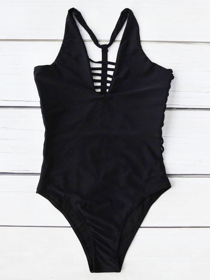 Shein Ladder Cutout Back Plunge Neck One Piece Swimwear