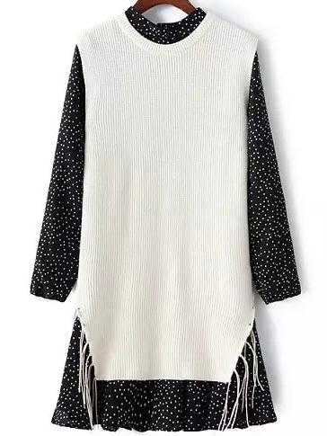 Shein White Black Polka Dot Tassel Two Pieces Dress