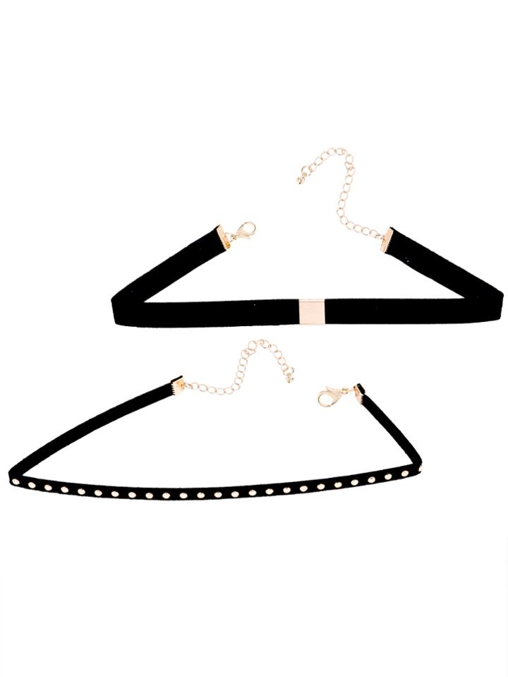 Shein Black Band Metal Trim Studded Choker Necklace Set