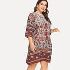 Shein Plus Embroidered Yoke Tribal Print Tunic Dress