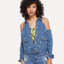 Shein Open-shoulder Button Front Denim Top