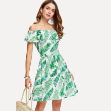 Shein Off Shoulder Tropical Print Dress