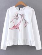 Shein Cranes Embroidery Frill Hem Blouse