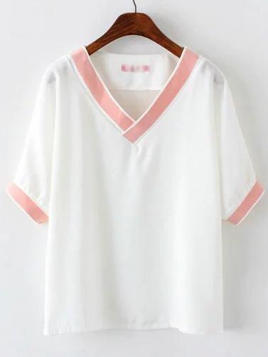 Shein Pink Collar Plain Casual T-shirt