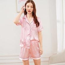 Shein Striped Button Up Satin Pajama Set