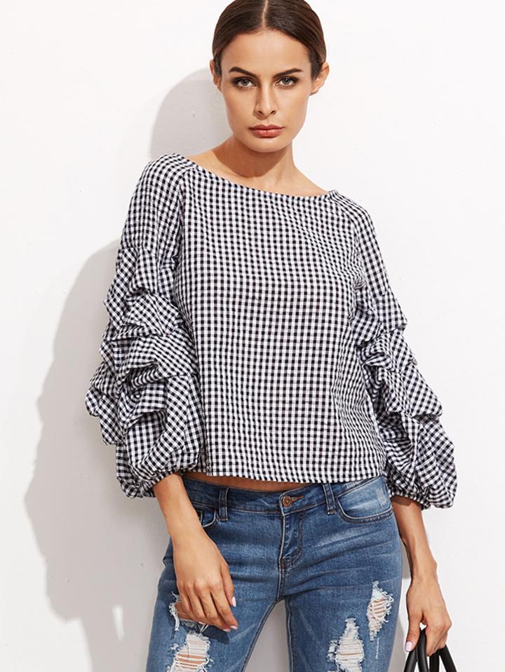 Shein Billow Sleeve Gingham Top