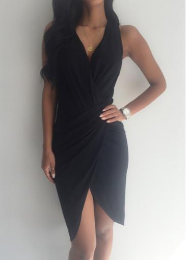 Rosewe Sleeveless V Neck Black Asymmetric Dress