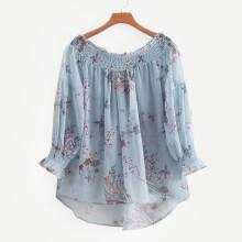 Shein Botanical Print High Low Chiffon Blouse