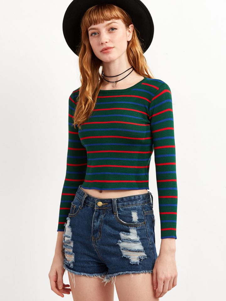 Shein Striped Long Sleeve Crop T-shirt
