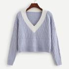 Shein Contrast Tape Neck Cable-knit Sweater