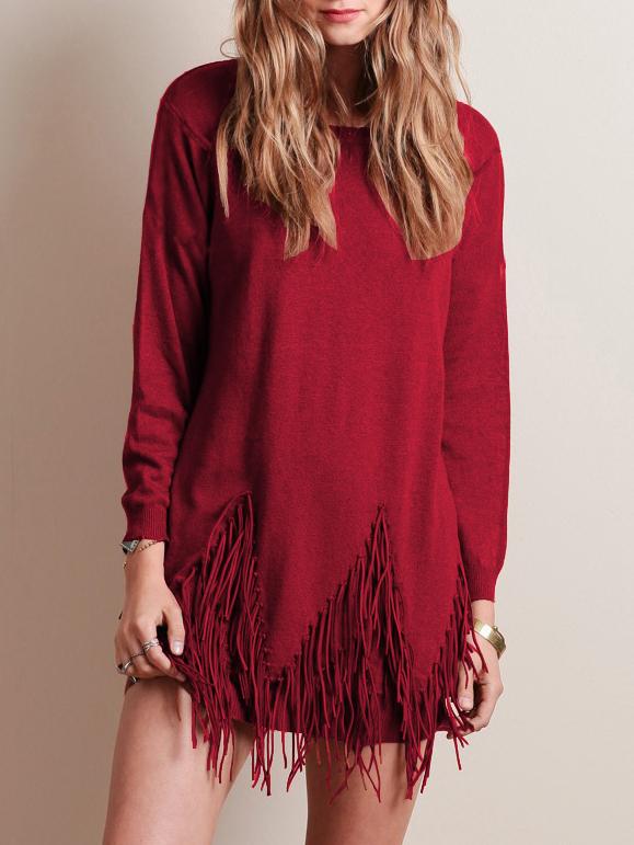 Shein Burgundy Round Neck Tassel Knitwear