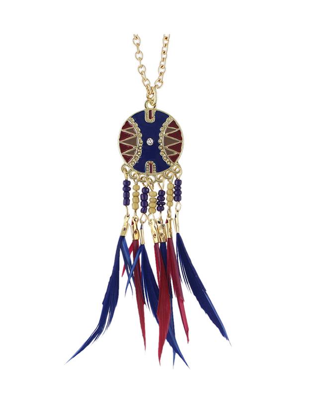 Shein Navyblue Dream Catcher Style Colorful Feather Pendant Necklace